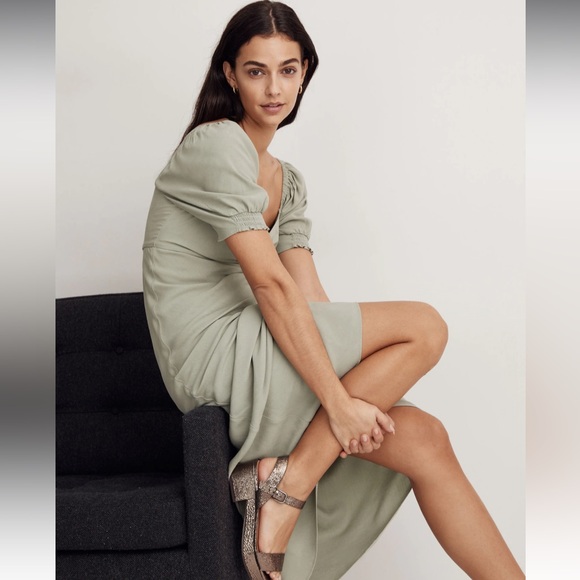Madewell Sweetheart Puff-Sleeve Midi Dress frosted sage size 0 EUC - Picture 2 of 7